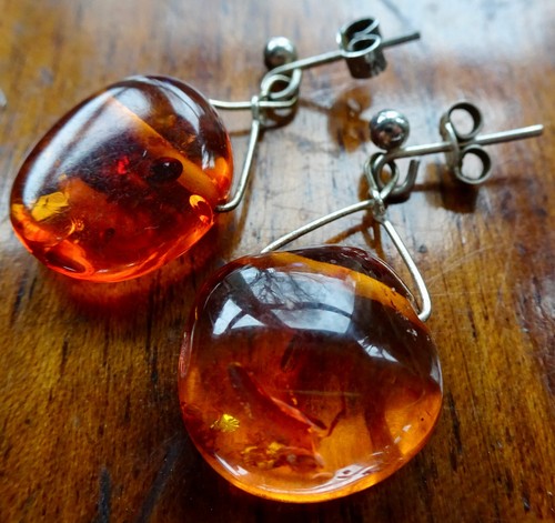 vintage 925 STERLING SILVER Baltic AMBER bead drop pierced earrings -X69 - Picture 2 of 3