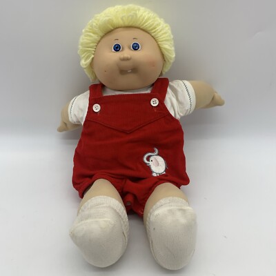 Cabbage Patch Kids Doll Lot Blond Boy Blue Eyes Tooth Red Overalls Shirt Sock 85