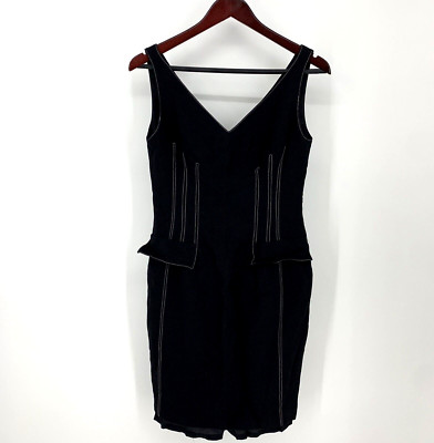David Meister Womens Back Zip V-Neck Sheath Dress Black Linen White Seams Size 6