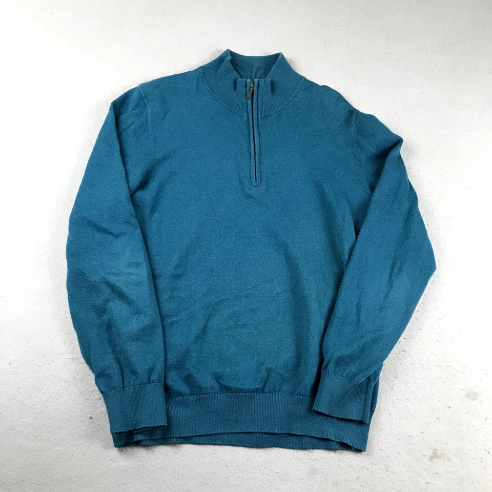 LL Bean Sweater Mens Medium Blue Cotton Cashmere Pullover 1/4 Zip Lightweight - Image 3 of 4