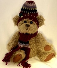 Dooley Brass Button Bear Knit Maroon Scarf Hat Jointed Teddy Brown 11" Pickford