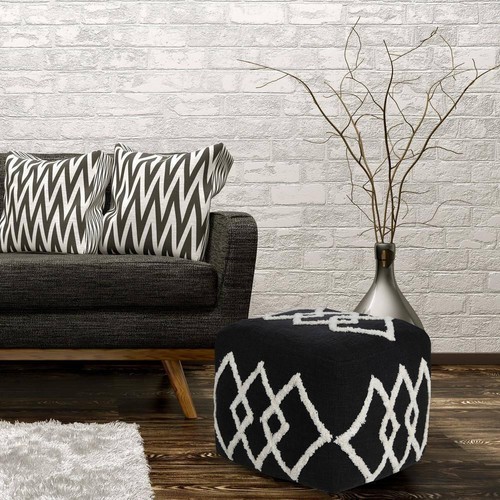 LR Home Pouf Ottoman 14" x 18" x 18" Cotton Upholstery Square Shape Black/White - Picture 9 of 10