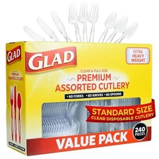 Glad 240 Count Clear Plastic Cutlery Set Forks Knives Spoons Party Utensils