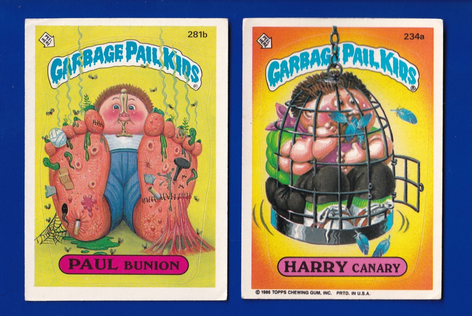 2 GARBAGE PAIL KIDS LOT 1987 TOPPS PAUL BUNION HARRY CANARY VG NO CREASES