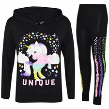 Kids Girls Tracksuits Dabbing Unicorn Unique Hooded Black Top Floss Legging Set