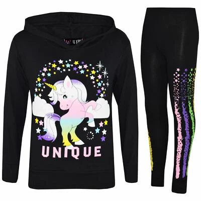 A2Z 4 KIDS® Kinder Mädchen Trainingsanzüge Dabbing Einhorn Unikat Kapuze Schwarz Top Zahnseide Legging Set