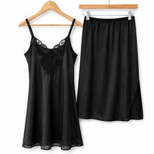 Vintage Black Lace Trim Camisole and Half Slip Skirt Set Size 38 Made in USA