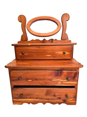 Vintage Handcrafted CEDAR JEWELRY BOX  W/Oval Swivel Mirror