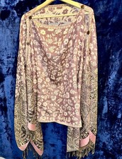 PASHMINA Woven Pashmina Floral Shawl Wrap Fringe Button Purple Pink Beige