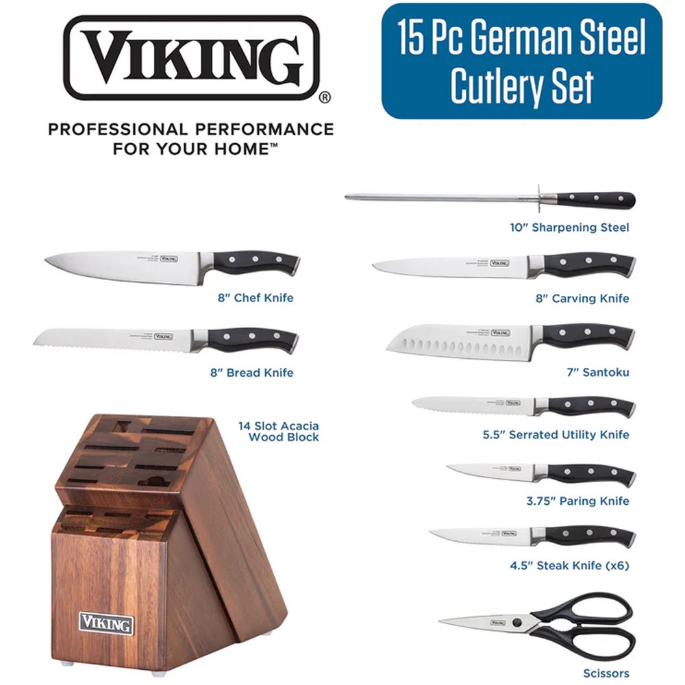 Viking 15-Piece Stainless Steel Cutlery Set with Acacia Wood Block