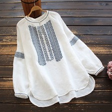Casual Oversized Embroidery Blouse Linen Look Long Sleeve Womens Crew Neck Tops