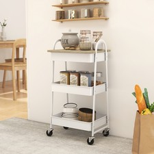 3-Tier Storage Trolley on Wheels with Cover Top Board Mesh Baskets, Refurbished