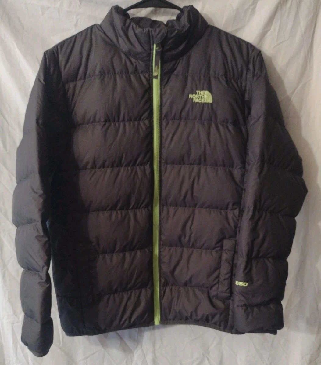 The North Face Boys Puffer 550 Jacket Grey Neon Green Zip Size L 14/16