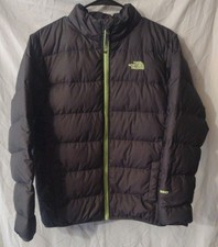 The North Face Boys Puffer 550 Jacket Grey Neon Green Zip Size L 14/16