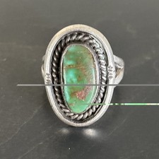 Antique Navajo Sterling Silver Green Turquoise Oval Ring Size 6.5