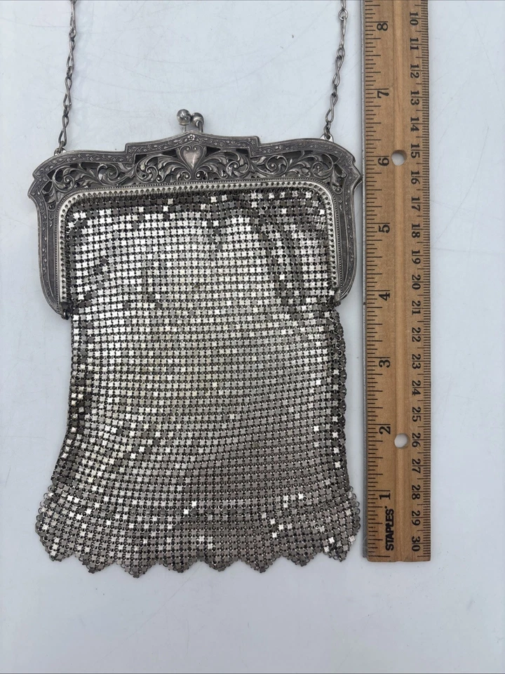 Vintage signierte Whiting & Davis Silber Netz Tasche Art Deco Flapper verzierte Handtasche - Bild 4 von 4