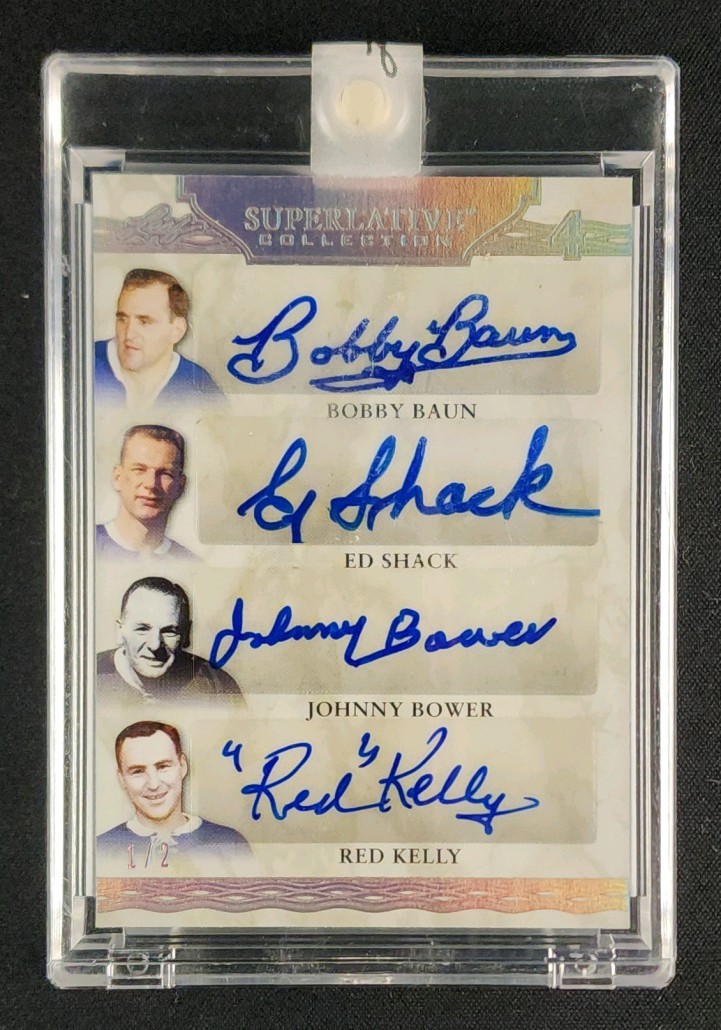 2019 Leaf Bobby Baun Ed Shack Johnny Bower Red Kelly AUTO 1/2 Leafs