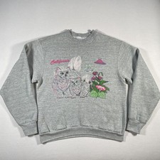 Vintage California Cats Sweatshirt Mens Large Gray Neon Butterfly Flowers 80s