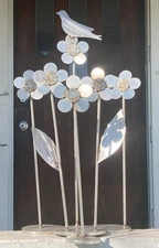 "SIX DAISIES w BIRD" Garden Art Sculpture Stainless Steel Floral Unique Handmade