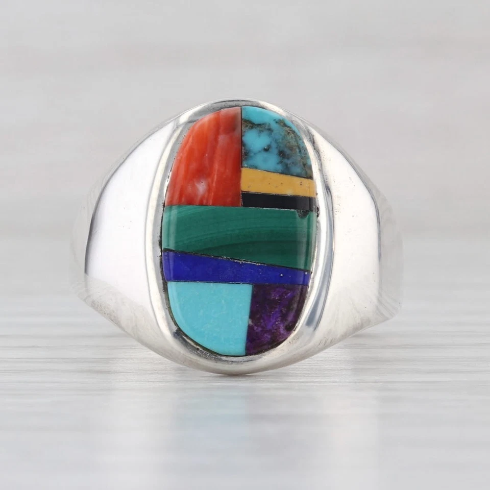 Anillo de mosaico de piedra nativo americano vintage de plata esterlina Edison Yazzie Navajo Foto 2 de 4