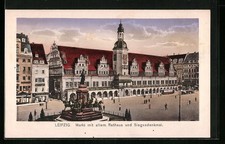 Ansichtskarte Leipzig, Markt mit altem Rathaus und Siegesdenkmal 