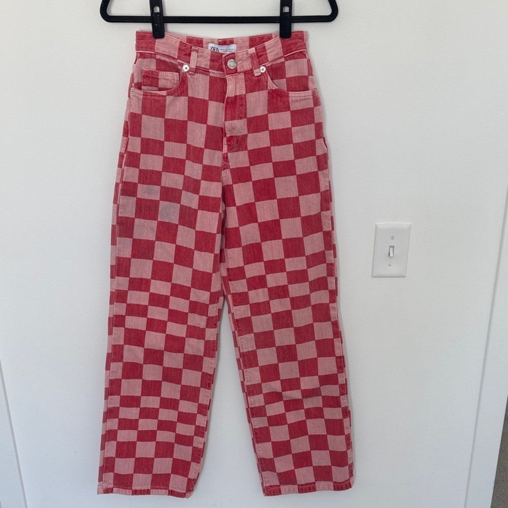 Zara High Waist Wide Leg Pink and Red Checkered Denim - Size 4 thumbnail 2