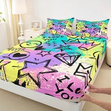 Smile Face Smile Bed Sheet Set Purple Lilac Star Crown Bedding Set Softest Mi...