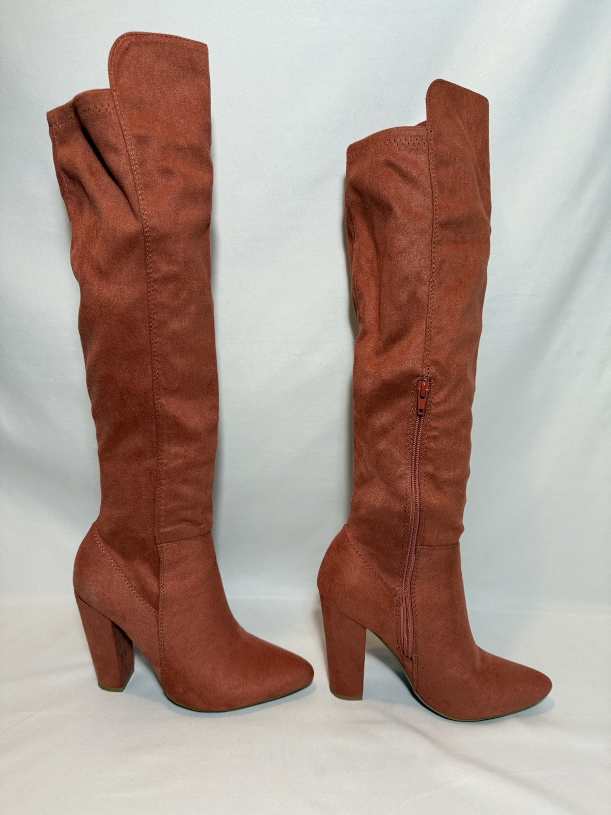 Coral Suede Knee-High Block Heel Boots with Side Zipper Size 6