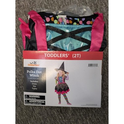 Celebrate Toddler Girls Polka Dot Witch Costume Dress Hat Tights Halloween 2T