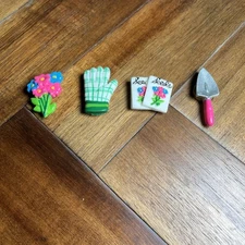 Set Of 4 Garden themed button covers, pink green flowers seeds gloves shovel