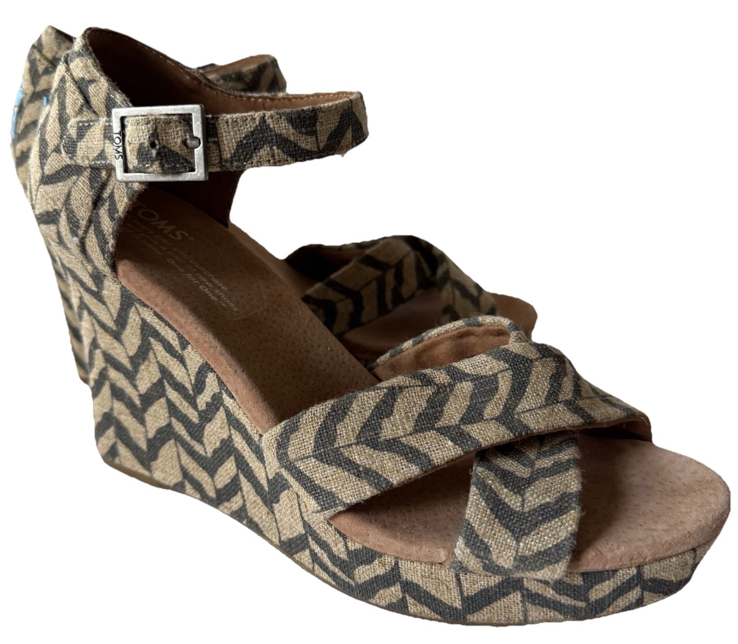 TOMS Womens 8 Charcoal And Beige Wedge Heel Sandals Open Toe NWOT