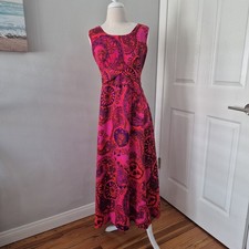 VTG 60s Sears Hawaiian Barkcloth Maxi Dress Pink Paisley Tiki Mod Rare Sz XS S