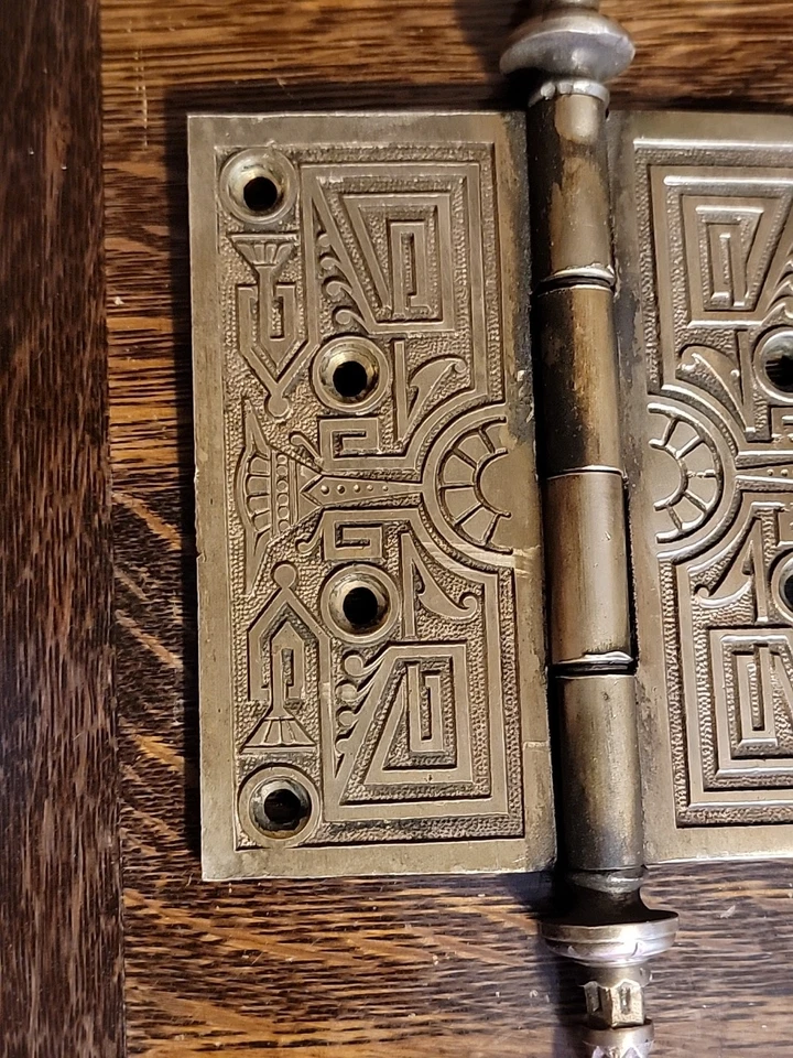 SET #3 RECLAIMED PAIR R&E VICTORIAN EASTLAKE BRASS 5"x5" STEEPLE TIP DOOR HINGES - Image 3 of 4