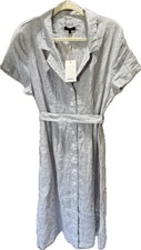 Quince Blue/White Striped Shirt Dress Button Front Belted Short Sleeve Midi L