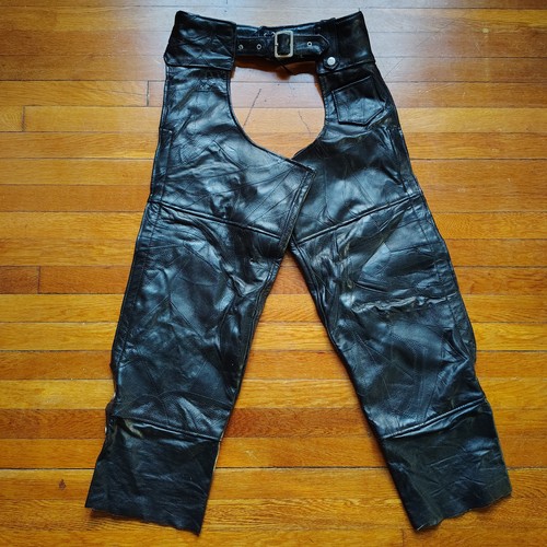 Black Leather Patchwork Vtg Motorcycle Chaps Men Women Biker Riding Pants Small - Bild 1 von 8