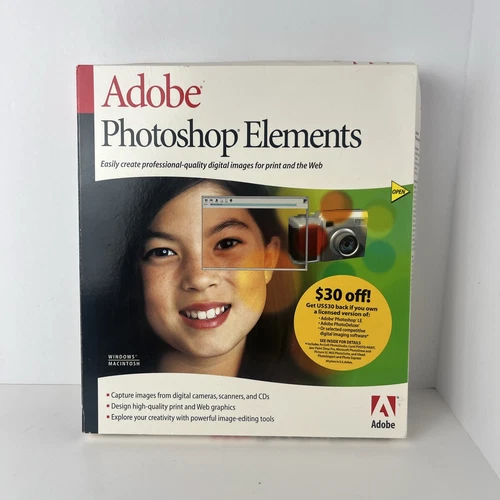 Adobe Photoshop Elements CD in box w/Serial #  PSE 1.0, MLP, RET, Box Damage