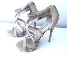 STEVE MADDEN Stella Beige Golden Leather Stiletto Heel Back Zip Strappy Shoes 6M