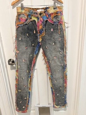 KDNK men s Skinny Patchwork Distressed Charcoal Wash Fringe 5-Pocket Jeans