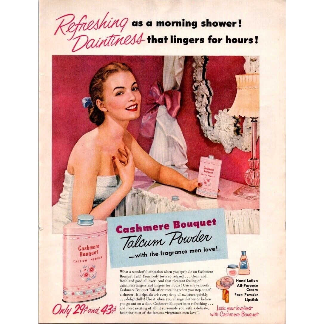 1952 Cashmere Bouquet Print Ad Talcum Powder Refreshing Daintiness