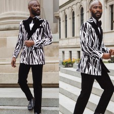 Men's Suits Zebra Stripe Double Breasted Peak Lapel Formal Wedding Tuxedo 2pcs