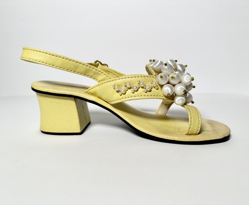 Vintage 1960s 1970s Vagabonds Pearl Beaded Satin Ball Sandal Heel Shoes Yellow 7 - Picture 8 of 22