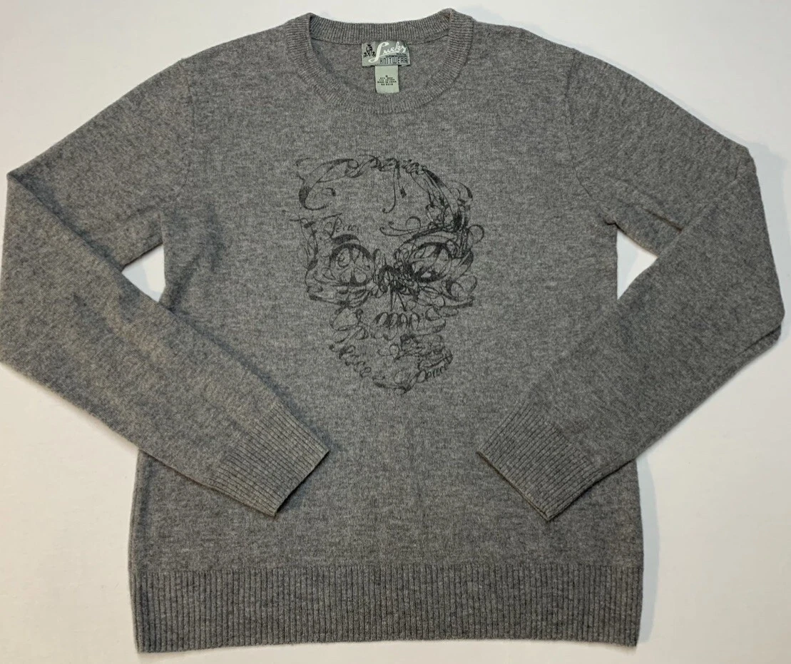 Lucky Brand Knitwear Wool Cotton Skull Sweater Heather Gray Small Abstract  Art | eBay