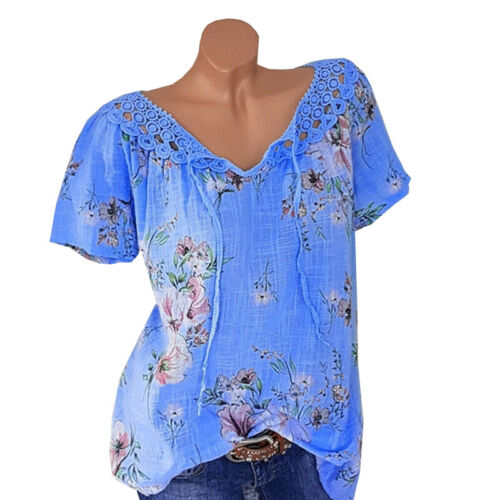 Womens Cotton Linen Floral Tops Ladies Summer Loose Blouse T Shirt Tunic Casual# - Picture 6 of 17
