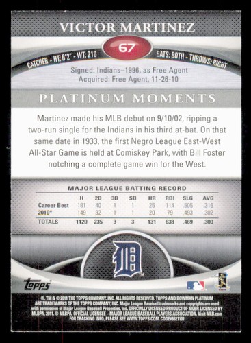 2011 Bowman Platinum Baseball #67 Victor Martinez Detroit Tigers - Picture 2 of 2
