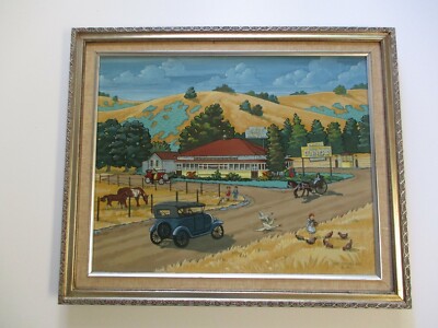 LYDA REVOIRE WING TAYLOR ORIGINAL WHIMSICAL AMERICAN FOLK ART PAINTING CITY TOWN