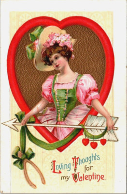 Antique Postcard Loving Thoughts for My Valentine Lady Cupid Arrow Embossed 1910