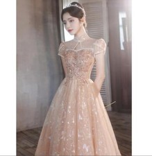 Womens Pretty Qipao Collar Sequin Puff Sleeves Evening Dress Cocktail Bride 8255