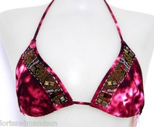 Red Carter SMALL Pink Tie Dye Beaded Triangle Bikini Swimsuit TOP 75 NWT S