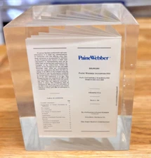 Vintage Lucite Resin Cube PaineWebber 1983 Stock Offering Cube 3" x 2.5" RARE