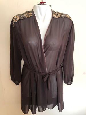 NWT Lise Charmel France Wrap Short Robe Brown Color Gold Floral Lace Panel Sz L
